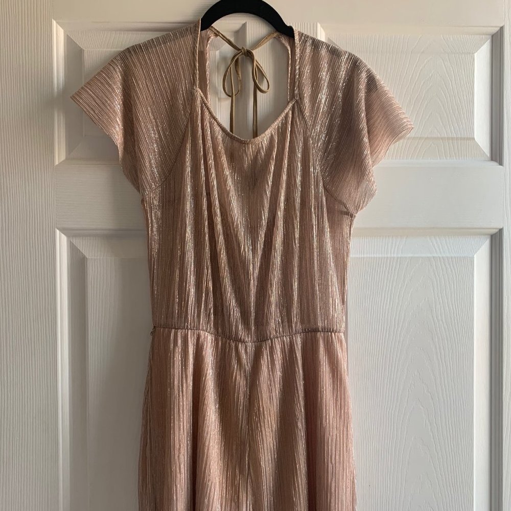 Champagne Gold Metallic pleated Chiffon Short Sleeve Romper
